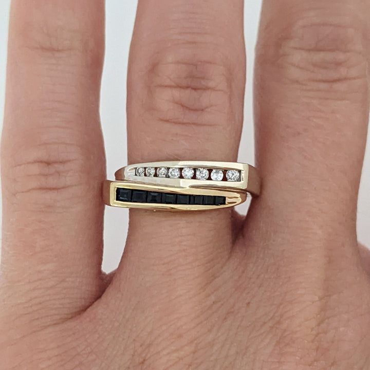 14K TWO-TONE .16 CARAT TOTAL WEIGHT I1 I DIAMOND ROUND (8) SAPPHIRE PRINCESS CUT (8) ESTATE CHANNEL BYPASS RING 4.0 GRAMS