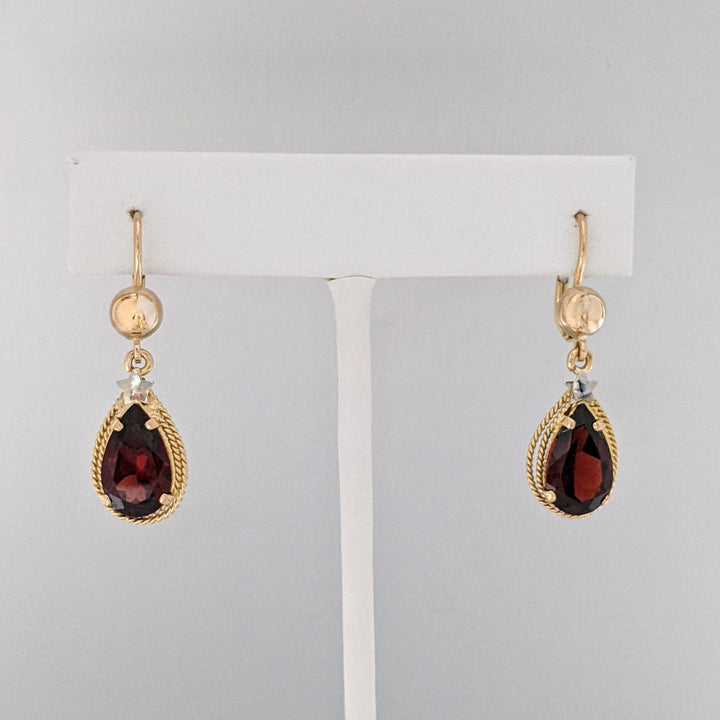 18K GARNET PEAR 8X18 WITH BEADED TRIM ESTATE EARRINGS 5.5 GRAMS