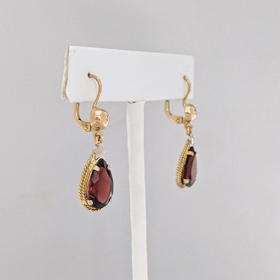 18K GARNET PEAR 8X18 WITH BEADED TRIM ESTATE EARRINGS 5.5 GRAMS