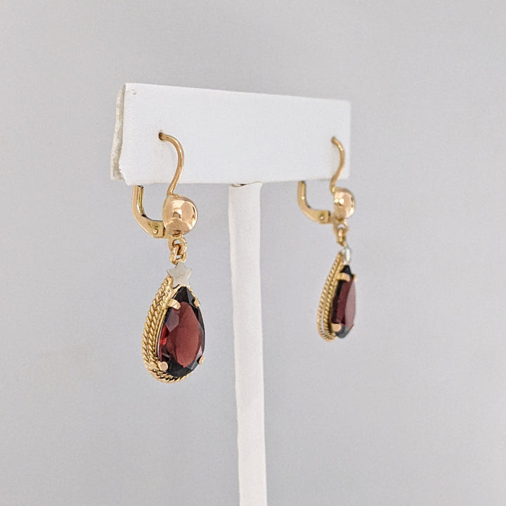 18K GARNET PEAR 8X18 WITH BEADED TRIM ESTATE EARRINGS 5.5 GRAMS