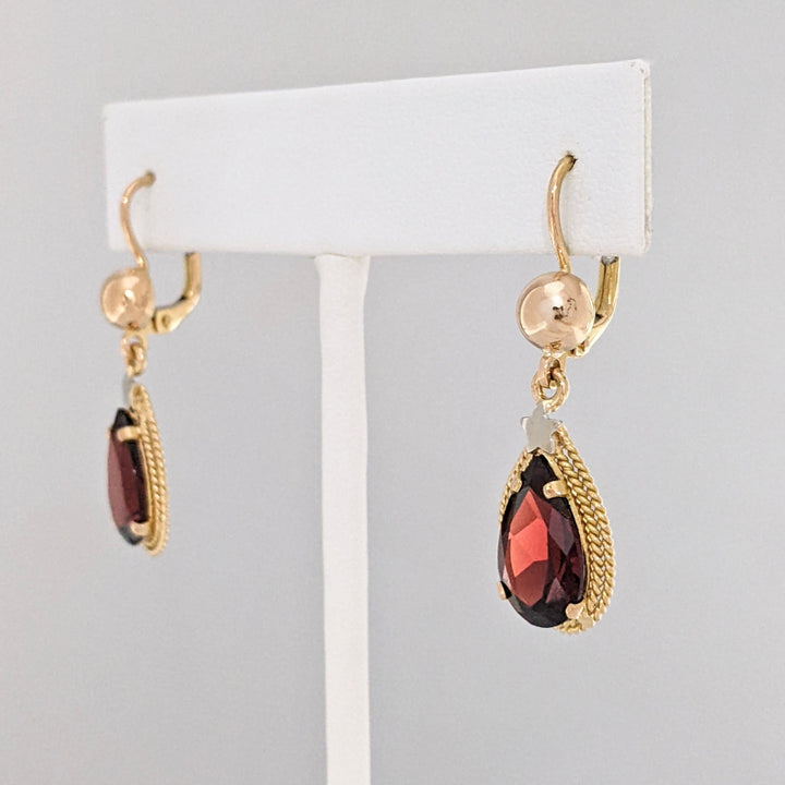18K GARNET PEAR 8X18 WITH BEADED TRIM ESTATE EARRINGS 5.5 GRAMS