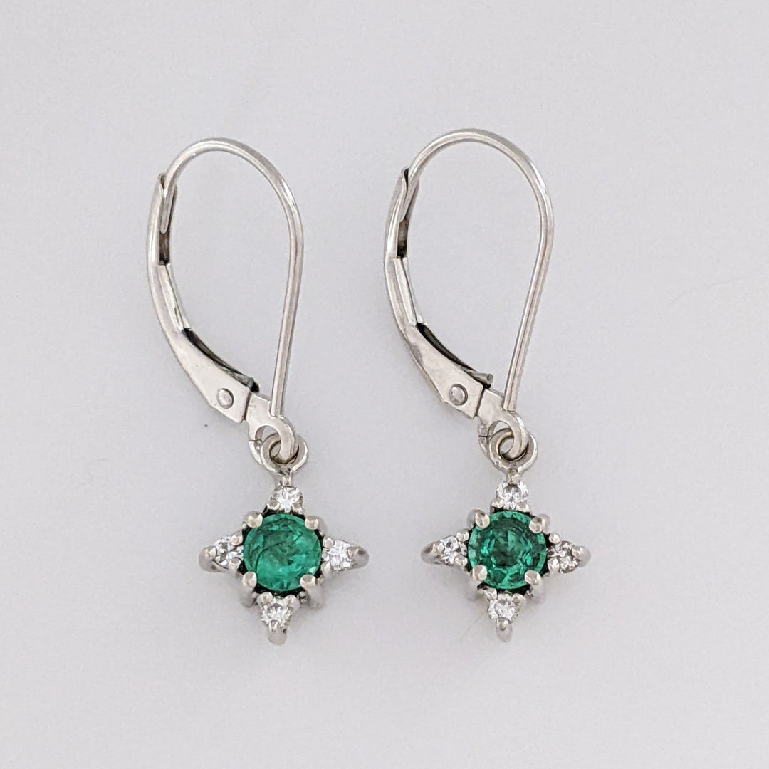 14K WHITE EMERALD ROUND (2) 4MM WITH (8) MELEE ESTATE EARRINGS 1.6 GRAMS