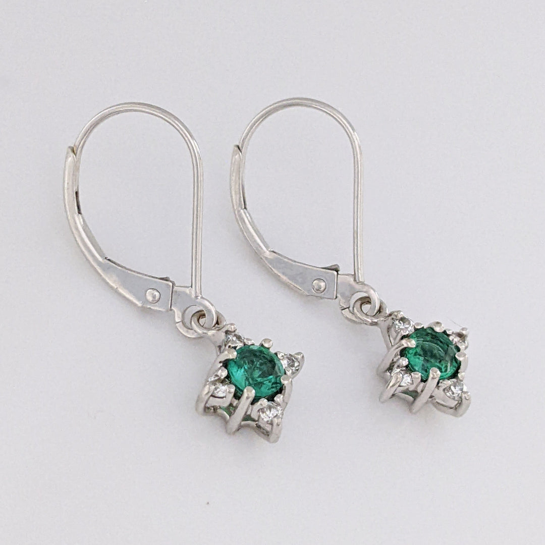 14K WHITE EMERALD ROUND (2) 4MM WITH (8) MELEE ESTATE EARRINGS 1.6 GRAMS
