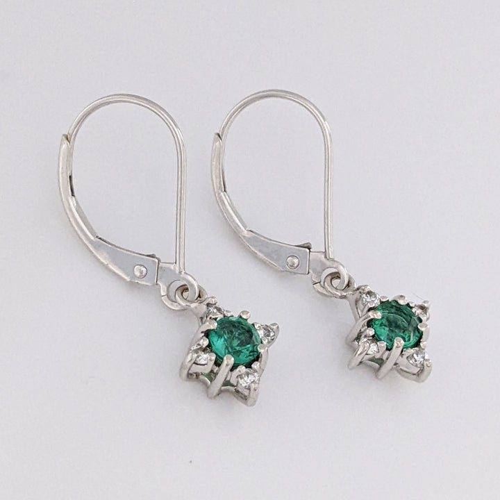 14K WHITE EMERALD ROUND (2) 4MM WITH (8) MELEE ESTATE EARRINGS 1.6 GRAMS
