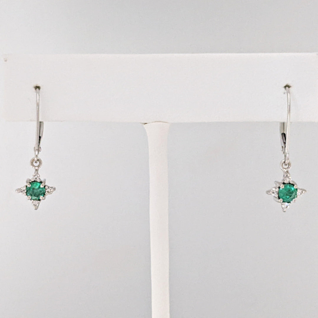 14K WHITE EMERALD ROUND (2) 4MM WITH (8) MELEE ESTATE EARRINGS 1.6 GRAMS