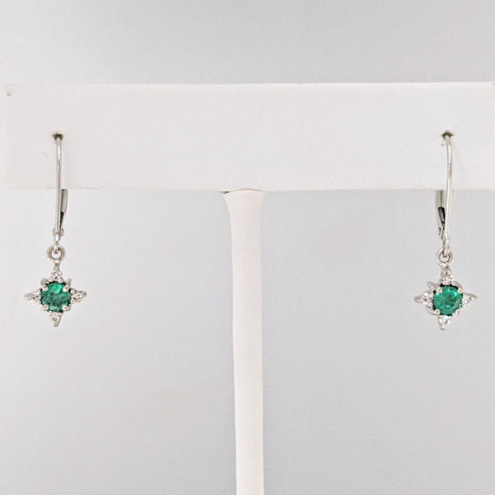 14K WHITE EMERALD ROUND (2) 4MM WITH (8) MELEE ESTATE EARRINGS 1.6 GRAMS