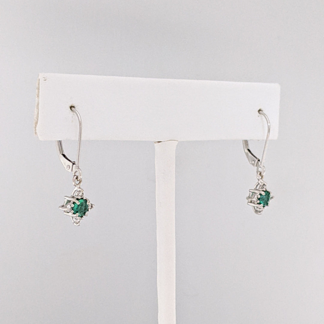 14K WHITE EMERALD ROUND (2) 4MM WITH (8) MELEE ESTATE EARRINGS 1.6 GRAMS