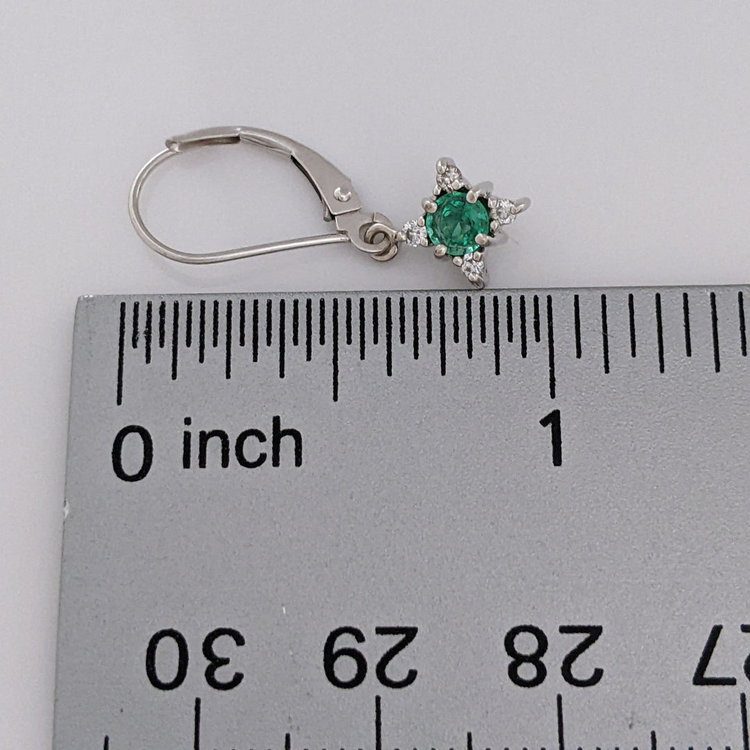 14K WHITE EMERALD ROUND (2) 4MM WITH (8) MELEE ESTATE EARRINGS 1.6 GRAMS