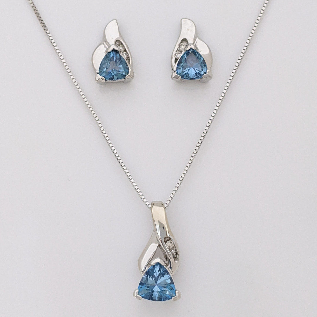 14K BLUE TOPAZ TRILLION (3) 4-5MM WITH MELEE ESTATE PENDANT, CHAIN, AND EARRINGS SET 4.9 GRAMS
