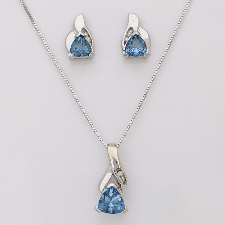 14K BLUE TOPAZ TRILLION (3) 4-5MM WITH MELEE ESTATE PENDANT, CHAIN, AND EARRINGS SET 4.9 GRAMS