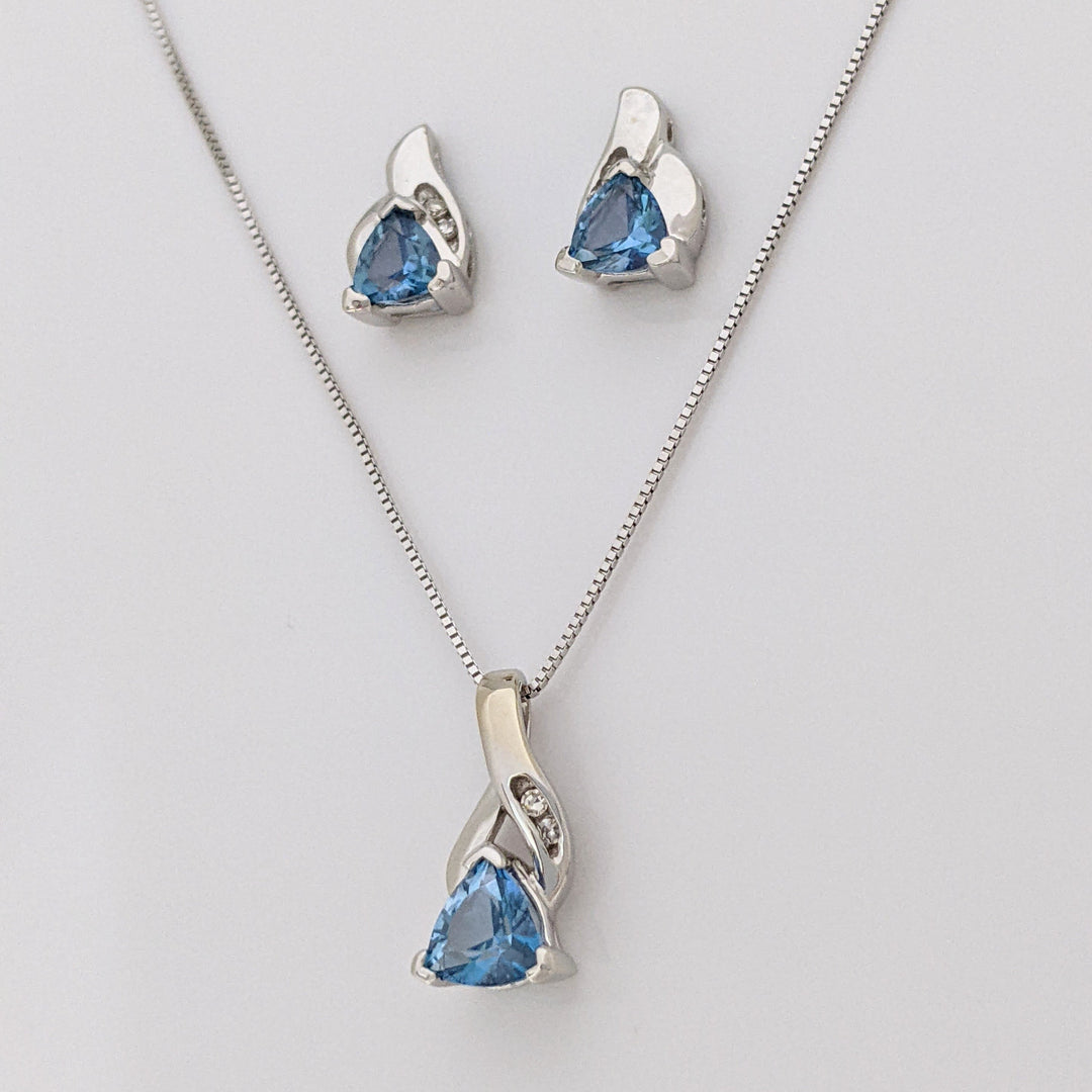 14K BLUE TOPAZ TRILLION (3) 4-5MM WITH MELEE ESTATE PENDANT, CHAIN, AND EARRINGS SET 4.9 GRAMS