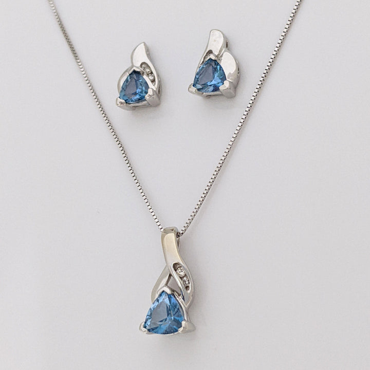 14K BLUE TOPAZ TRILLION (3) 4-5MM WITH MELEE ESTATE PENDANT, CHAIN, AND EARRINGS SET 4.9 GRAMS