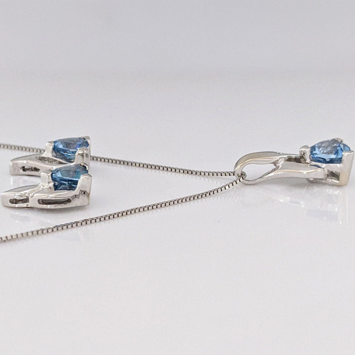 14K BLUE TOPAZ TRILLION (3) 4-5MM WITH MELEE ESTATE PENDANT, CHAIN, AND EARRINGS SET 4.9 GRAMS