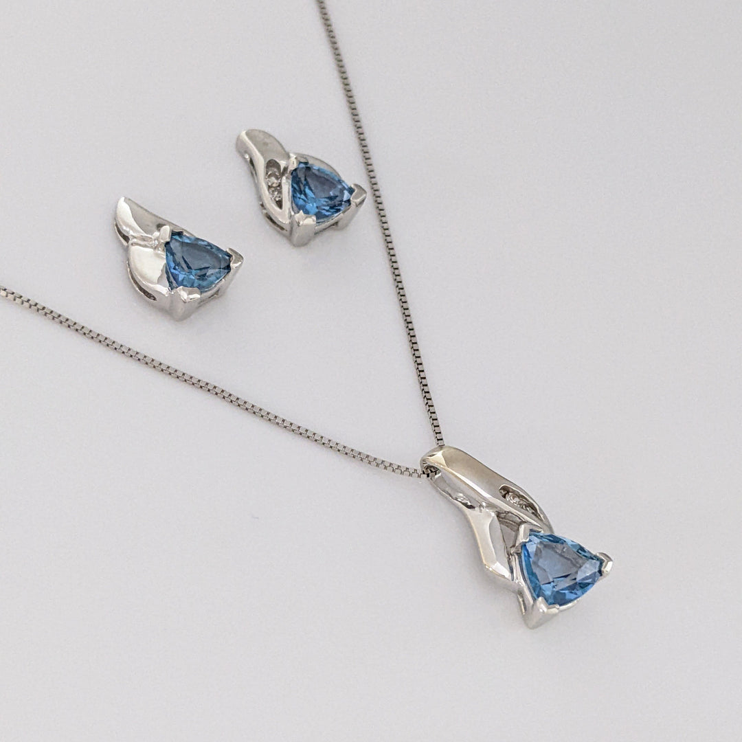 14K BLUE TOPAZ TRILLION (3) 4-5MM WITH MELEE ESTATE PENDANT, CHAIN, AND EARRINGS SET 4.9 GRAMS