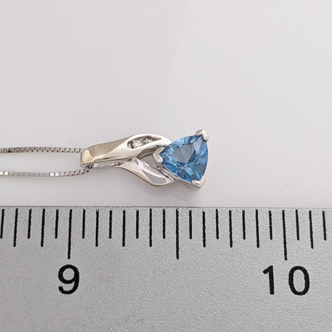 14K BLUE TOPAZ TRILLION (3) 4-5MM WITH MELEE ESTATE PENDANT, CHAIN, AND EARRINGS SET 4.9 GRAMS