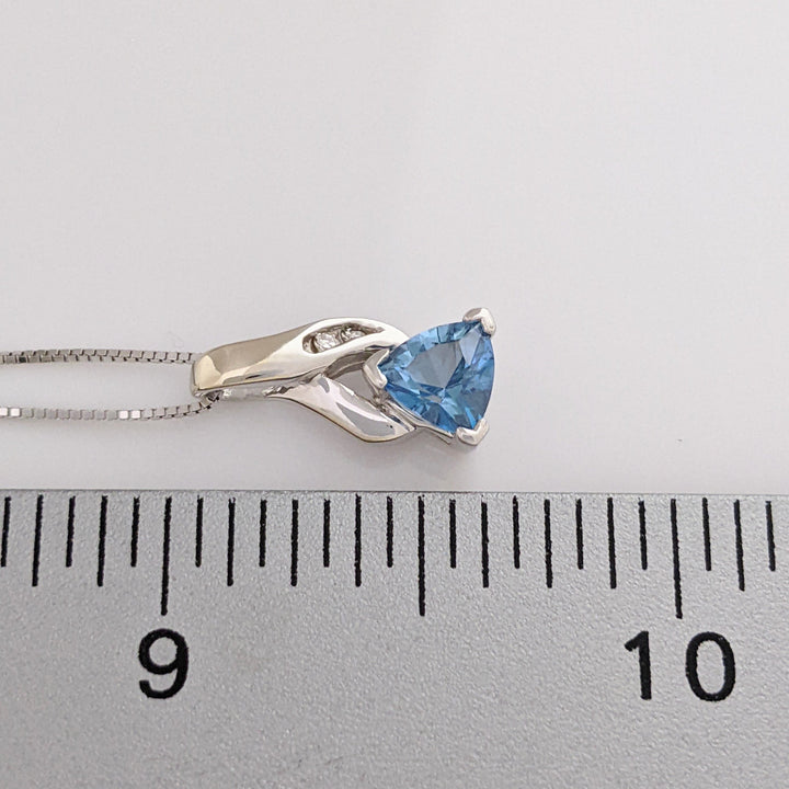 14K BLUE TOPAZ TRILLION (3) 4-5MM WITH MELEE ESTATE PENDANT, CHAIN, AND EARRINGS SET 4.9 GRAMS