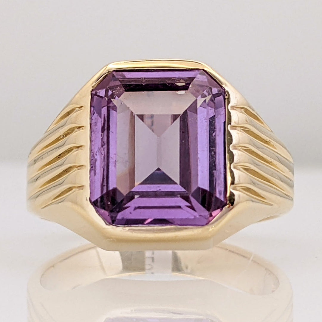 10K SYNTHETIC CORUNDUM EMERALD CUT 10X12 ESTATE RING 8.6 GRAMS