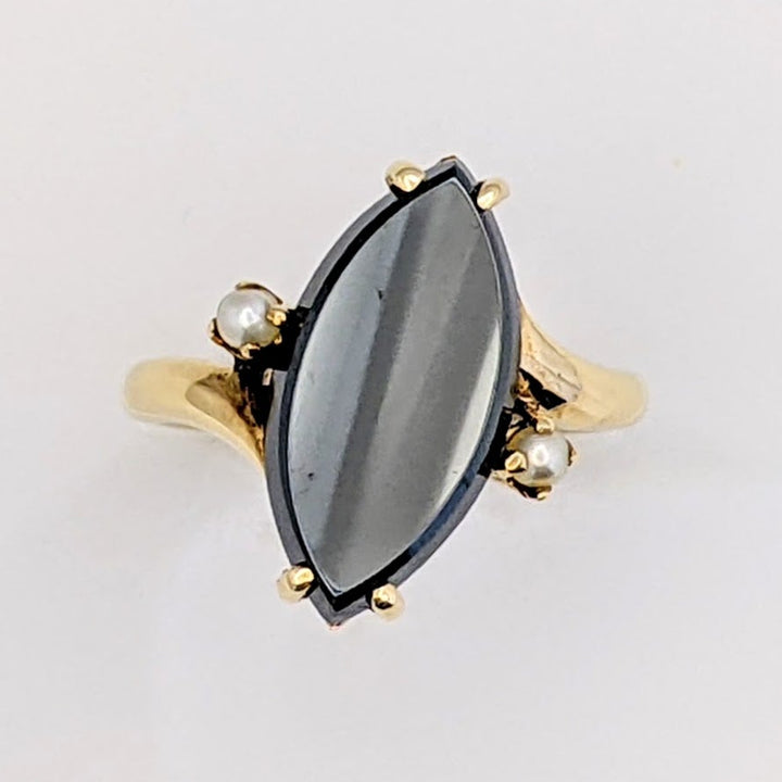 14K HEMATITE MARQUISE 8X17 WITH (2) 2.5MM PEARL ESTATE RING 4.9 GRAMS