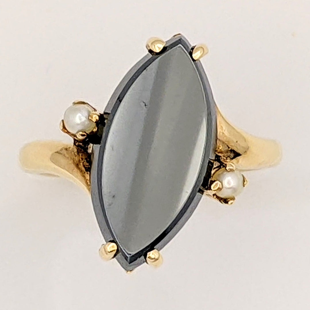 14K HEMATITE MARQUISE 8X17 WITH (2) 2.5MM PEARL ESTATE RING 4.9 GRAMS