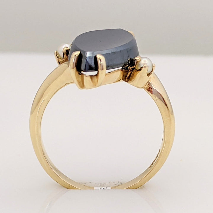 14K HEMATITE MARQUISE 8X17 WITH (2) 2.5MM PEARL ESTATE RING 4.9 GRAMS