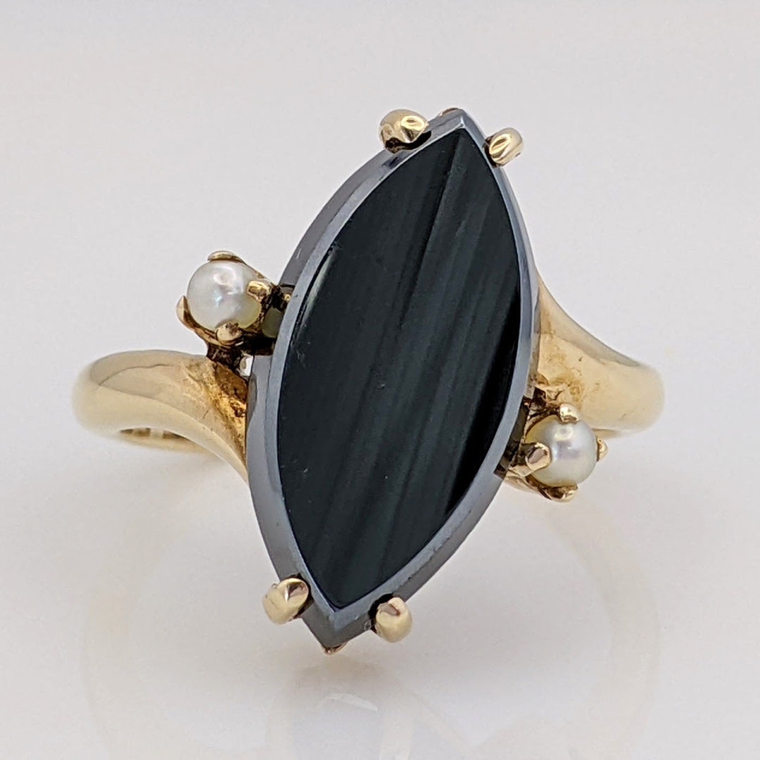 14K HEMATITE MARQUISE 8X17 WITH (2) 2.5MM PEARL ESTATE RING 4.9 GRAMS