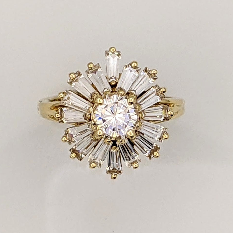 14K CUBIC ZIRCONIA 5.9MM ROUND WITH (16) BAGUETTE ESTATE RING 5.9 GRAMS