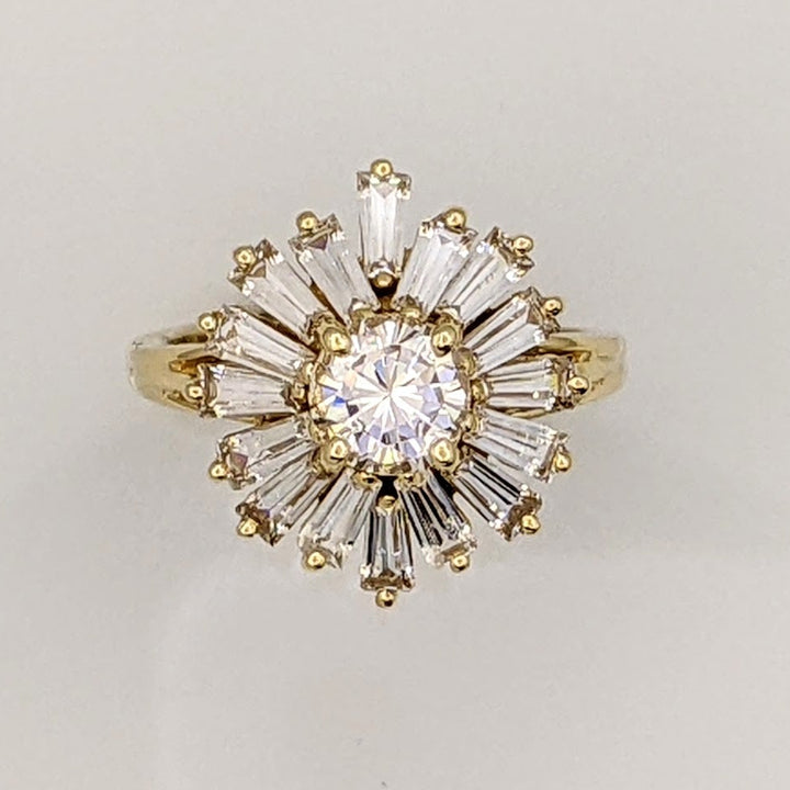 14K CUBIC ZIRCONIA 5.9MM ROUND WITH (16) BAGUETTE ESTATE RING 5.9 GRAMS
