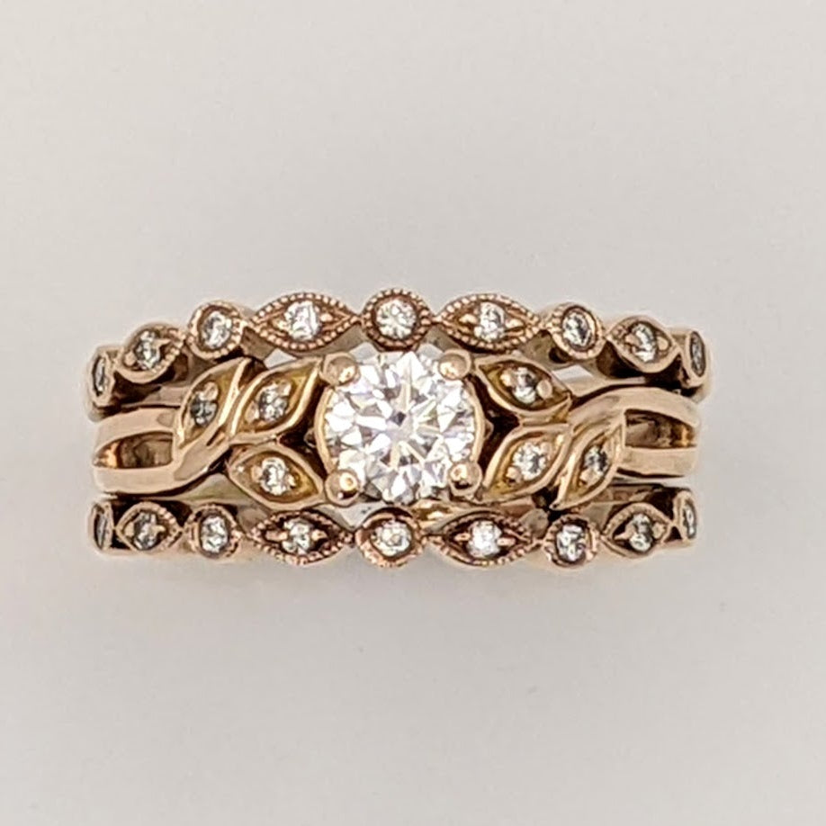 14K ROSE GOLD VS1 H DIAMOND ROUND (25) 3-RING ESTATE SET 6.0 GRAMS