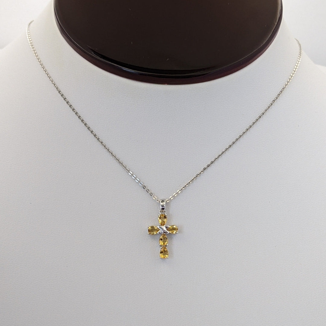 18K WHITE CITRINE PEAR (5) 3X5 ESTATE CROSS PENDANT &amp; CHAIN 2.5 GRAMS