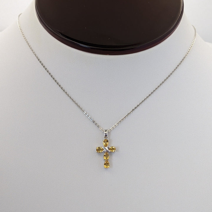 18K WHITE CITRINE PEAR (5) 3X5 ESTATE CROSS PENDANT &amp; CHAIN 2.5 GRAMS