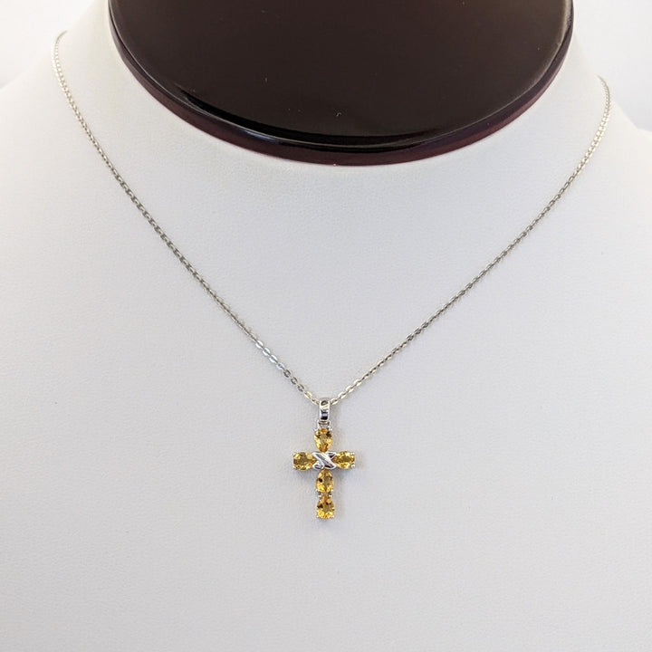18K WHITE CITRINE PEAR (5) 3X5 ESTATE CROSS PENDANT &amp; CHAIN 2.5 GRAMS