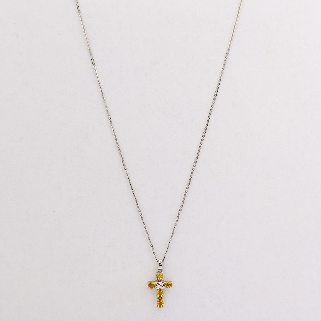 18K WHITE CITRINE PEAR (5) 3X5 ESTATE CROSS PENDANT &amp; CHAIN 2.5 GRAMS