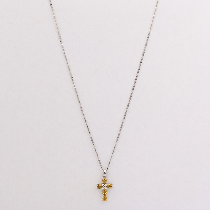 18K WHITE CITRINE PEAR (5) 3X5 ESTATE CROSS PENDANT &amp; CHAIN 2.5 GRAMS