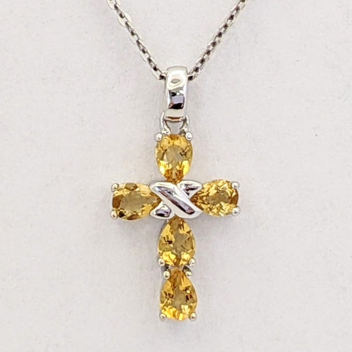18K WHITE CITRINE PEAR (5) 3X5 ESTATE CROSS PENDANT &amp; CHAIN 2.5 GRAMS