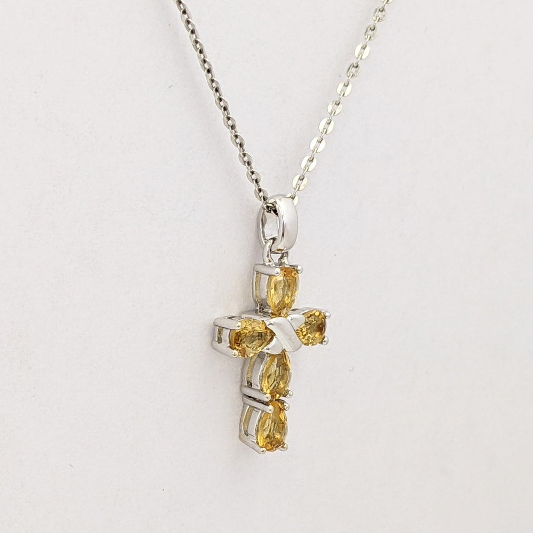 18K WHITE CITRINE PEAR (5) 3X5 ESTATE CROSS PENDANT &amp; CHAIN 2.5 GRAMS