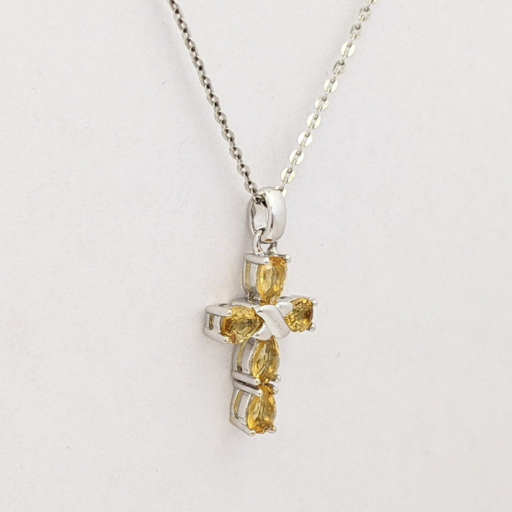 18K WHITE CITRINE PEAR (5) 3X5 ESTATE CROSS PENDANT &amp; CHAIN 2.5 GRAMS