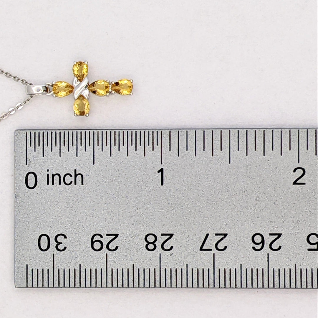 18K WHITE CITRINE PEAR (5) 3X5 ESTATE CROSS PENDANT &amp; CHAIN 2.5 GRAMS