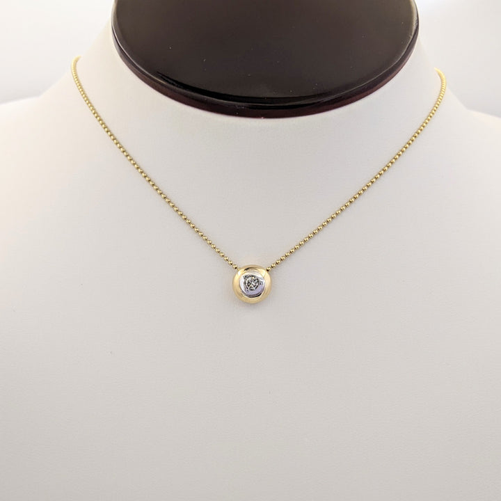 14K TWO-TONE .20 CARAT TOTAL I1 J DIAMOND ROUND BEZEL WITH TRIM ESTATE PENDANT &amp; CHAIN 5.4 GRAMS