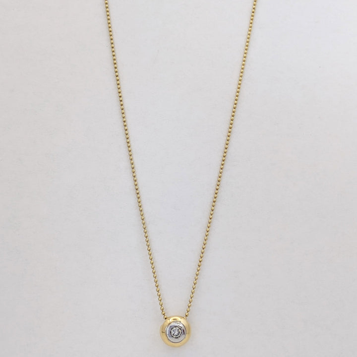 14K TWO-TONE .20 CARAT TOTAL I1 J DIAMOND ROUND BEZEL WITH TRIM ESTATE PENDANT &amp; CHAIN 5.4 GRAMS