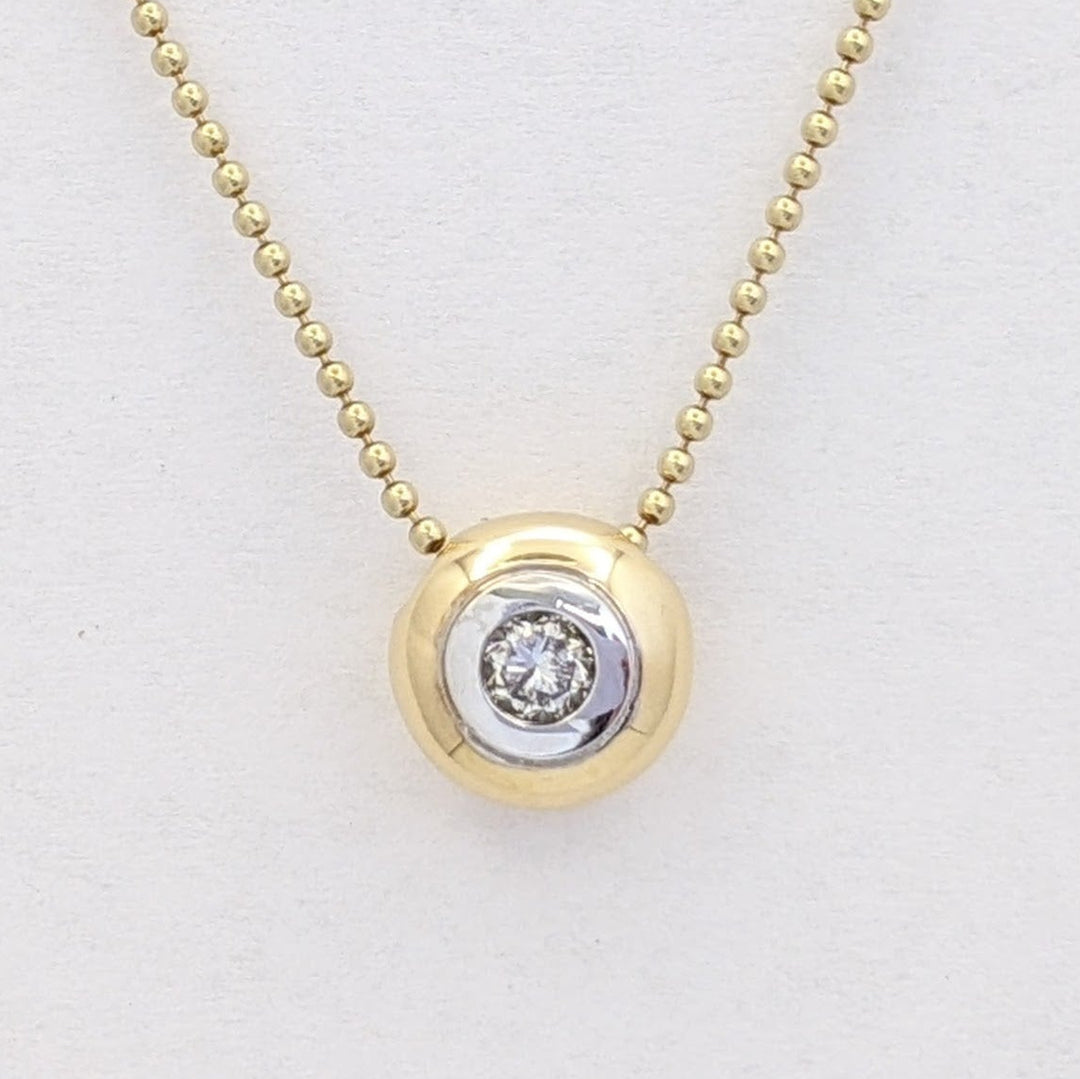 14K TWO-TONE .20 CARAT TOTAL I1 J DIAMOND ROUND BEZEL WITH TRIM ESTATE PENDANT &amp; CHAIN 5.4 GRAMS