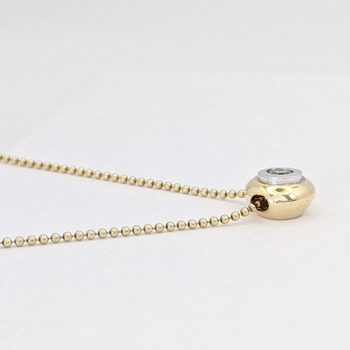 14K TWO-TONE .20 CARAT TOTAL I1 J DIAMOND ROUND BEZEL WITH TRIM ESTATE PENDANT &amp; CHAIN 5.4 GRAMS