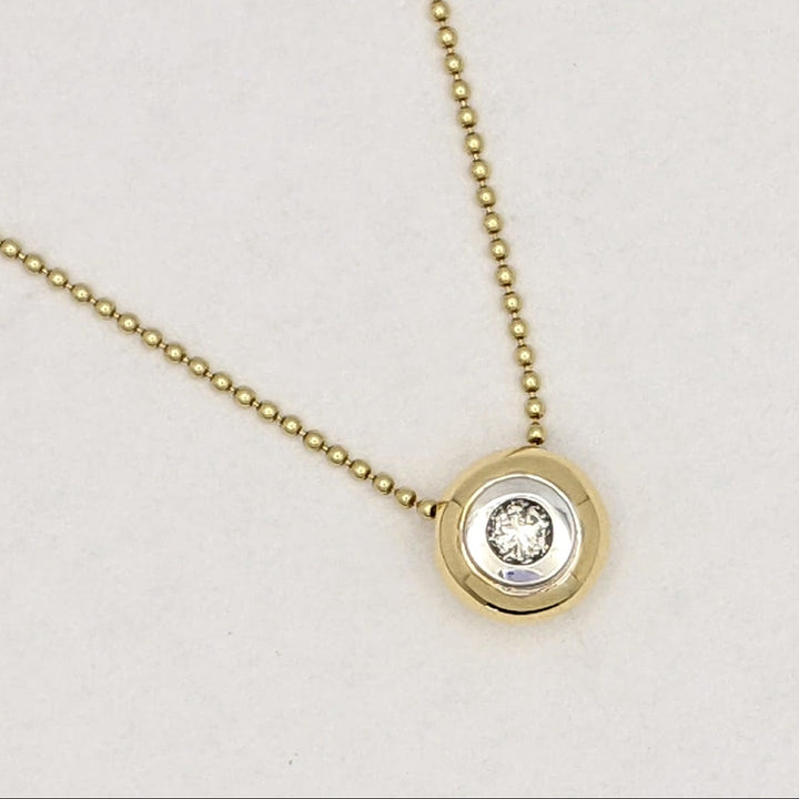 14K TWO-TONE .20 CARAT TOTAL I1 J DIAMOND ROUND BEZEL WITH TRIM ESTATE PENDANT &amp; CHAIN 5.4 GRAMS