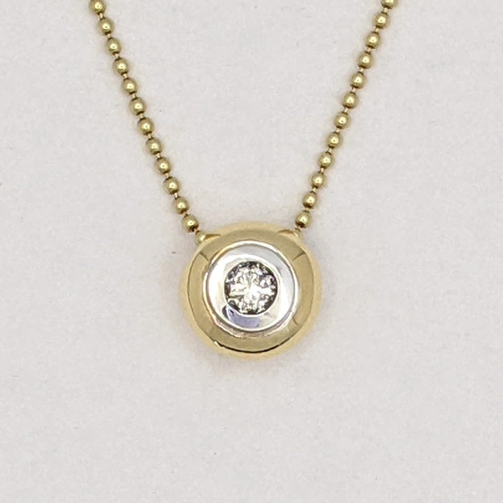 14K TWO-TONE .20 CARAT TOTAL I1 J DIAMOND ROUND BEZEL WITH TRIM ESTATE PENDANT &amp; CHAIN 5.4 GRAMS