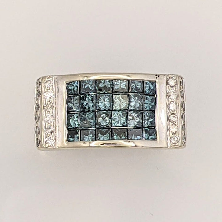 14K WHITE 1.92 CARAT TOTAL WEIGHT I1-I2 I (24) ROUND BLUE (24) PRINCESS CUT ESTATE RING 8.2 GRAMS