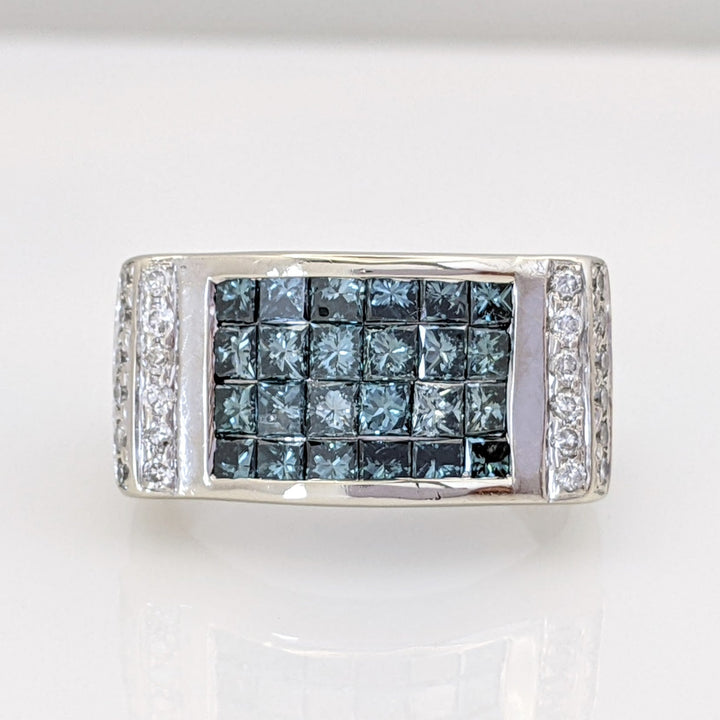 14K WHITE 1.92 CARAT TOTAL WEIGHT I1-I2 I (24) ROUND BLUE (24) PRINCESS CUT ESTATE RING 8.2 GRAMS