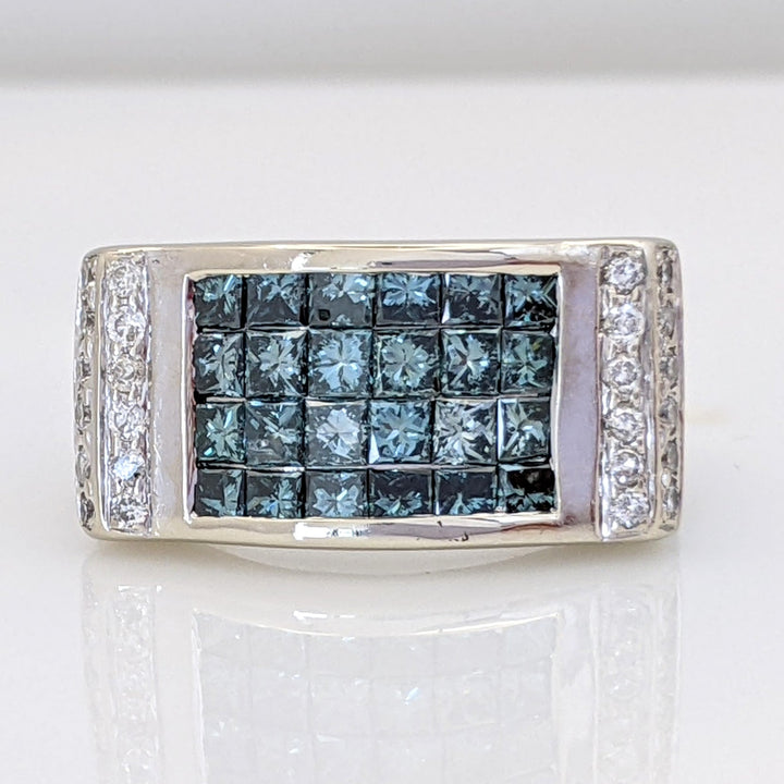 14K WHITE 1.92 CARAT TOTAL WEIGHT I1-I2 I (24) ROUND BLUE (24) PRINCESS CUT ESTATE RING 8.2 GRAMS