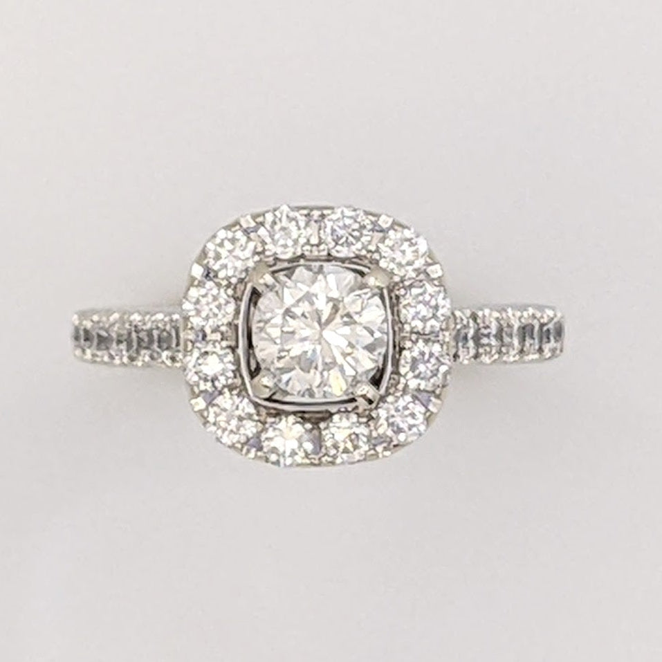 14K WHITE 1.13 CARAT TOTAL WEIGHT SI2 H DIAMOND ROUND (53) ESTATE HALO RING 3.9 GRAMS