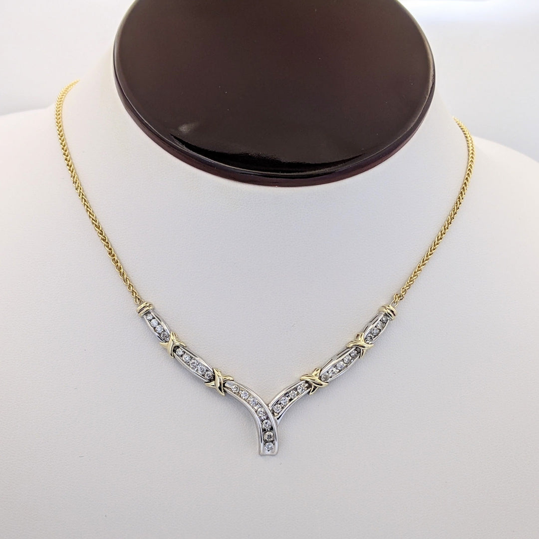 14K TWO-TONE 1.02 CARAT TOTAL WEIGHT SI2 I DIAMOND ROUND (29) CHANNEL ESTATE V-NECKLACE 10.8 GRAMS