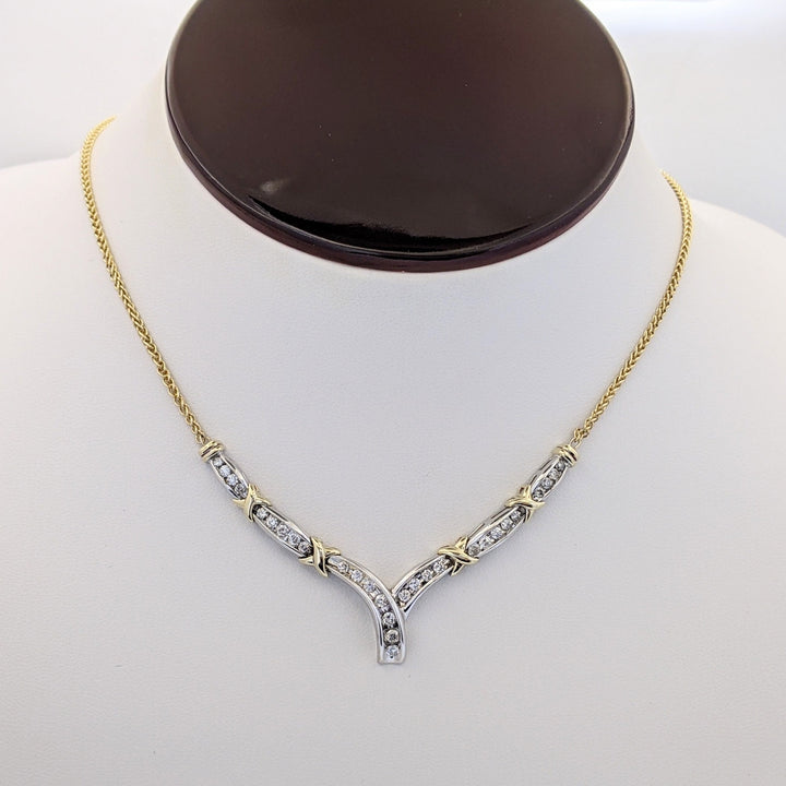 14K TWO-TONE 1.02 CARAT TOTAL WEIGHT SI2 I DIAMOND ROUND (29) CHANNEL ESTATE V-NECKLACE 10.8 GRAMS