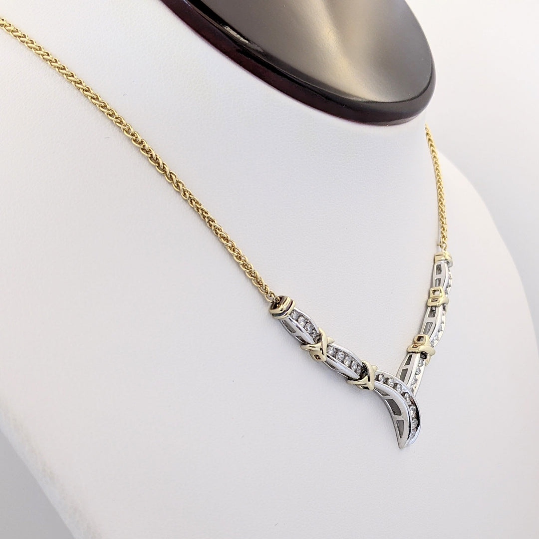 14K TWO-TONE 1.02 CARAT TOTAL WEIGHT SI2 I DIAMOND ROUND (29) CHANNEL ESTATE V-NECKLACE 10.8 GRAMS